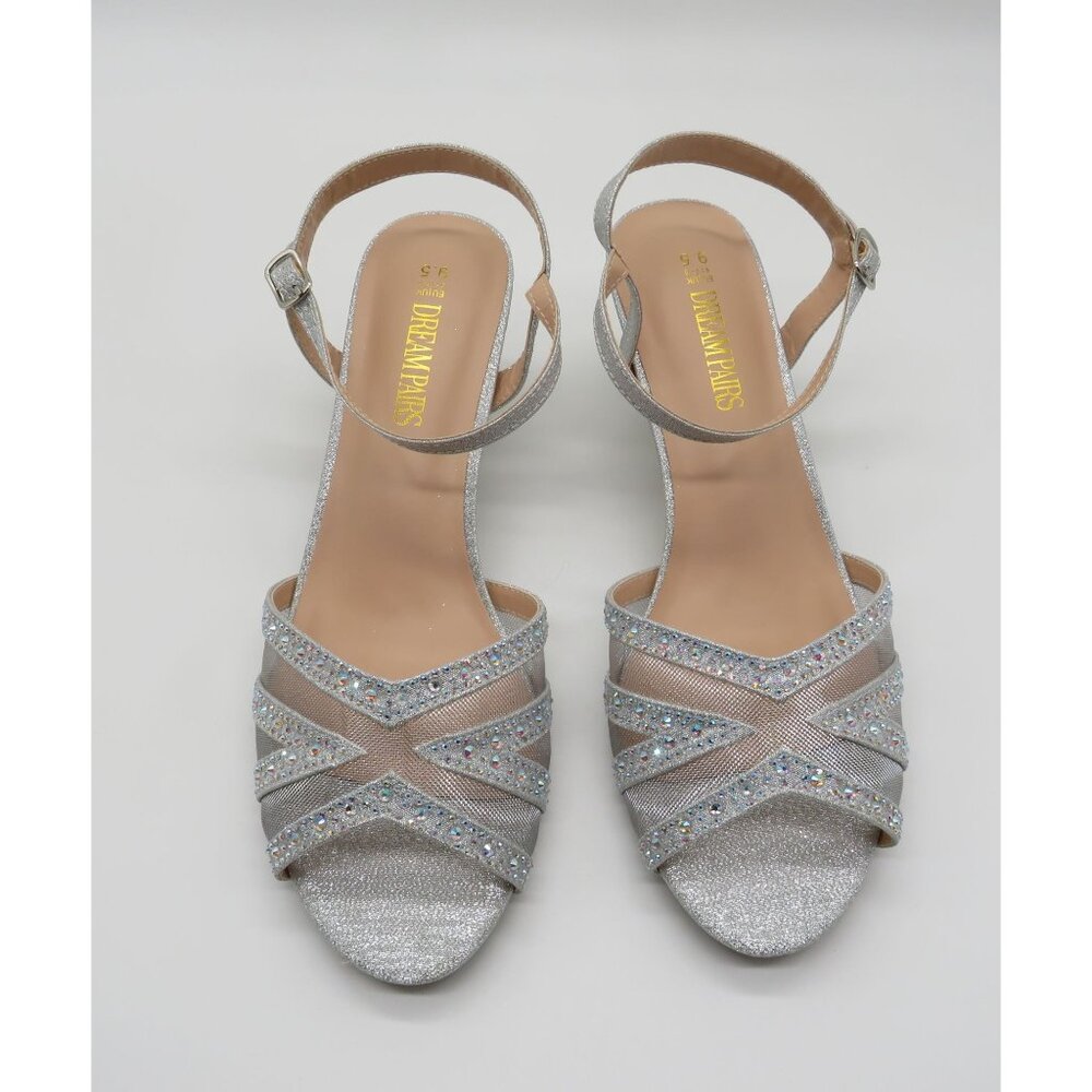 Dream Pairs Silver Rhinestone Mesh Strappy Kitten Heel Sandals Size 9.5 NEW